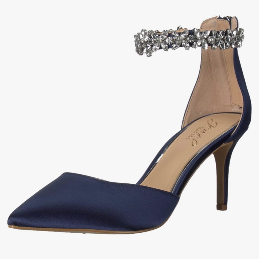 Jewel Badgley Mischka Raleigh Pointed Toe Kitten D'Orsay in Navy Satin